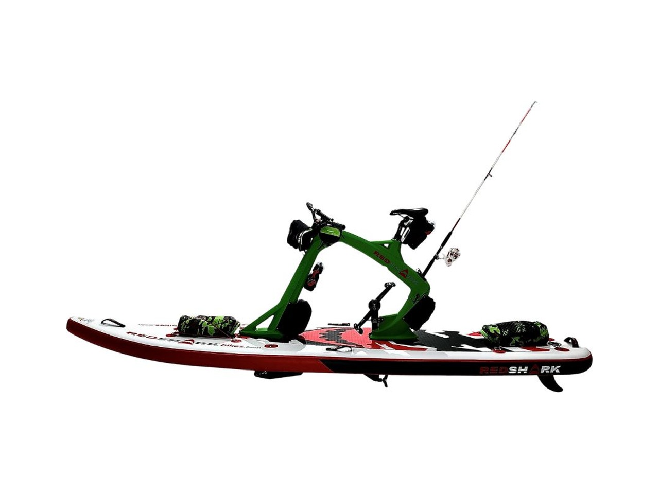 Red Shark Bike Adventurer studiofoto met groen frame en hengelhouder